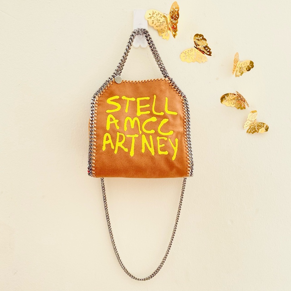 NWT: STELLA MCCARTNEY | Graffiti Yellow Embroidered Logo Falabella Brown 3 Mini - Picture 2 of 11